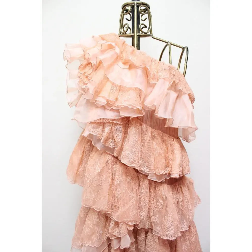 Ulla Johnson Leonie Coral Asymmetrical Lace Tiered One Shoulder Mini Dress Sz 4 - Picture 3 of 6